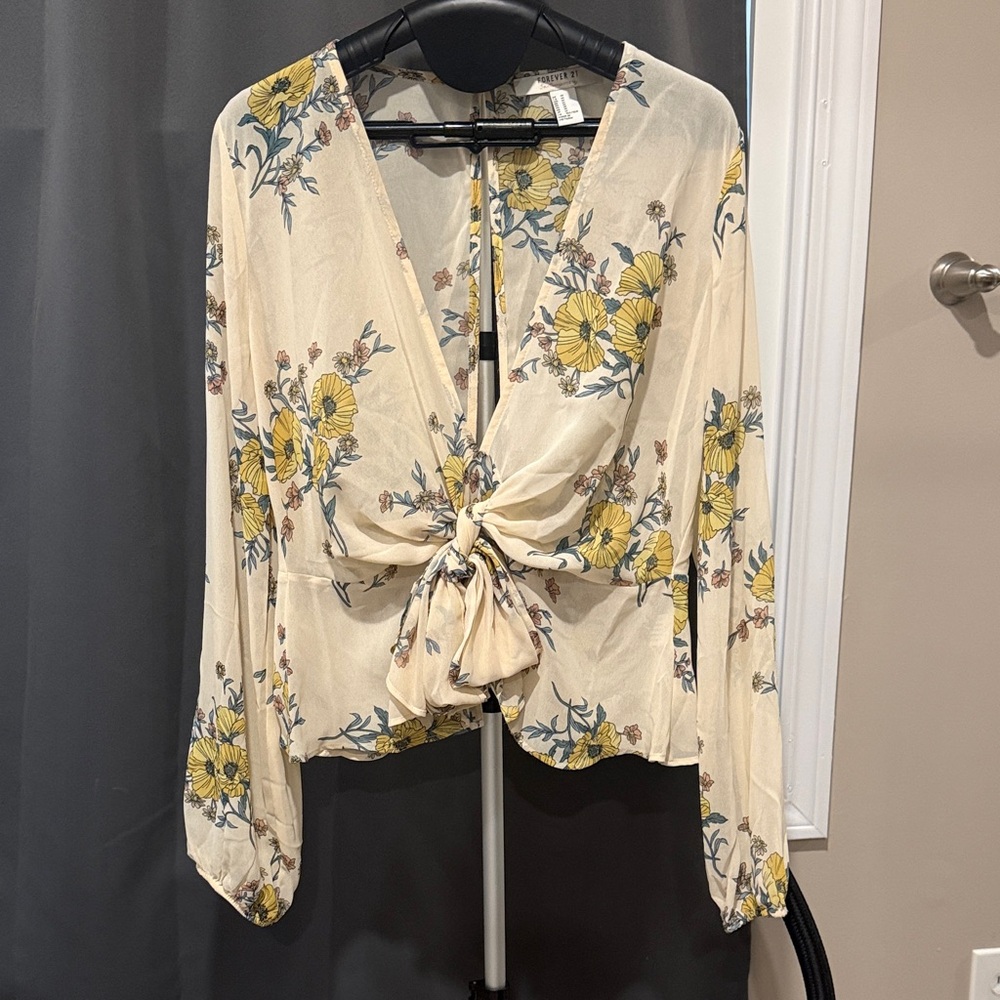 Forever 21 Floral Tie-Front Blouse - Cream and Yellow